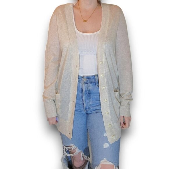 360SWEATER Sequin Skull Cardigan Cream Silver V neck Long Sleeve Women Size M - Picture 2 of 9